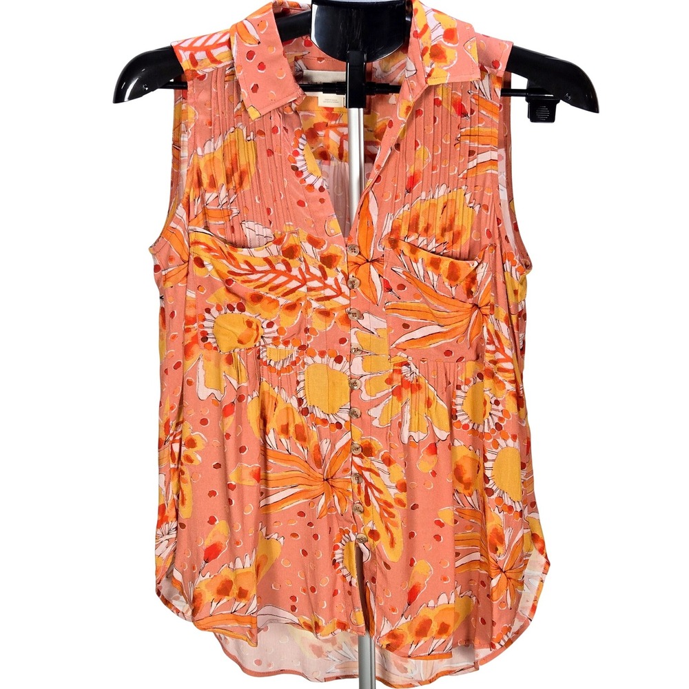 Women's Vera for Anthropologie Small Orange Floral Pintuck Sleeveless Top Boho
